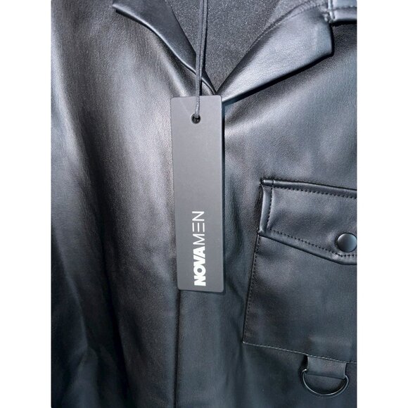 NWT Fashion Nova Men Utility Faux Leather Snap Shirt Sz M Black Short Sleeve - Picture 2 of 7